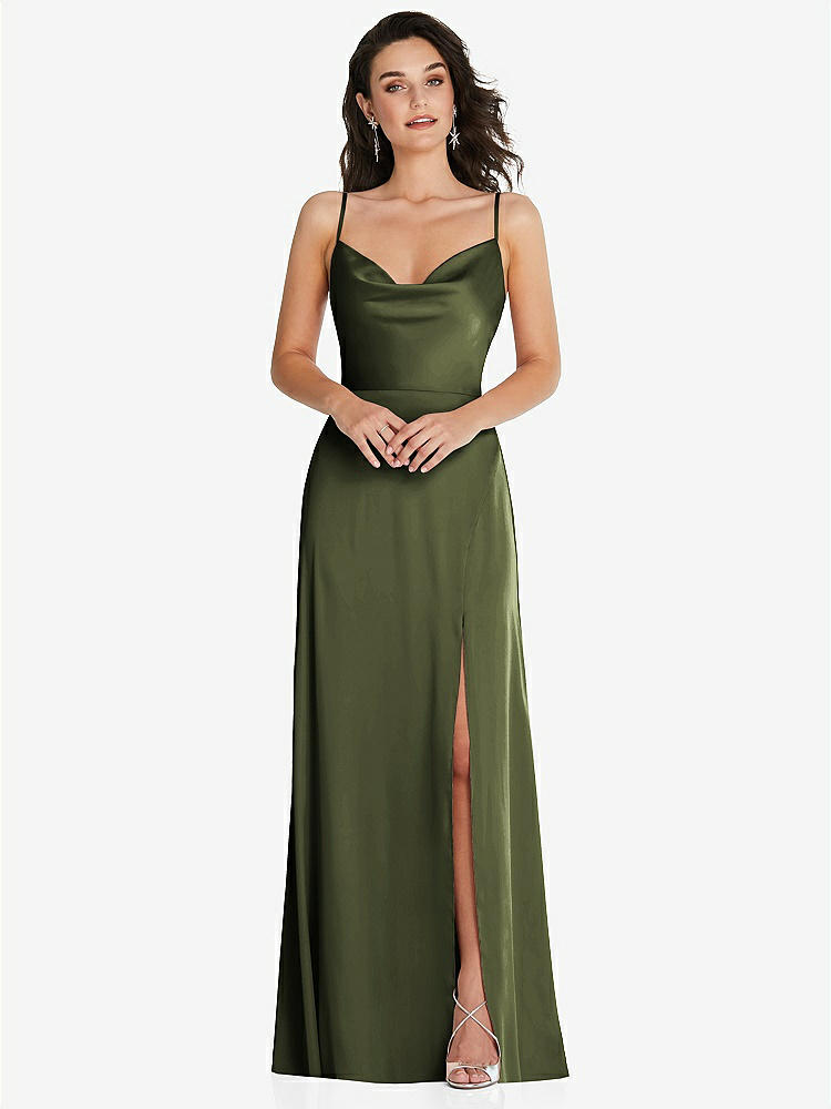 【STYLE: TH098】Cowl-Neck A-Line Maxi Dress with Adjustable Straps【COLOR: Olive Green】