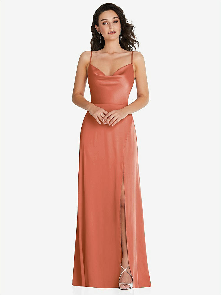 【STYLE: TH098】Cowl-Neck A-Line Maxi Dress with Adjustable Straps【COLOR: Terracotta Copper】