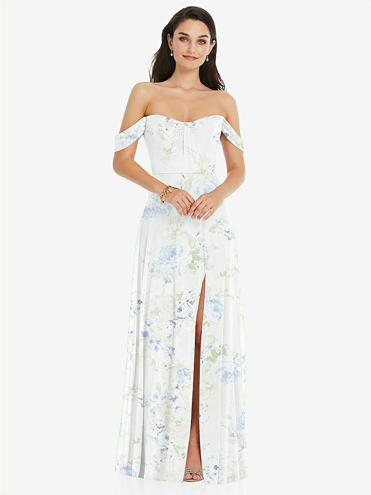 【STYLE: 3105】Off-the-Shoulder Draped Sleeve Maxi Dress with Front Slit【COLOR: Bleu Garden】