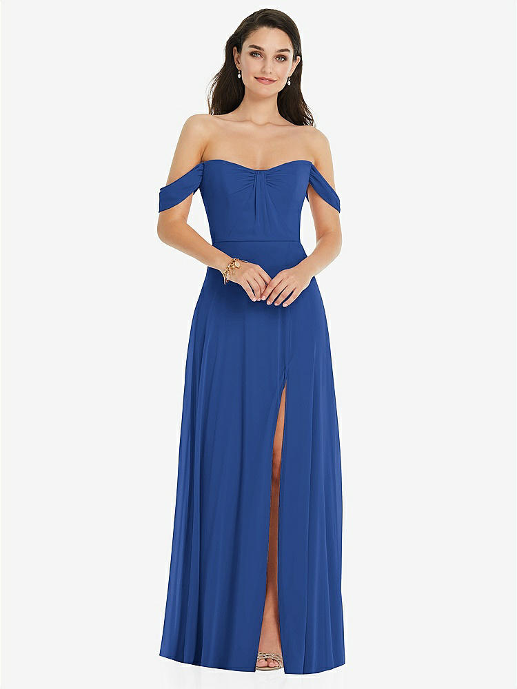 【STYLE: 3105】Off-the-Shoulder Draped Sleeve Maxi Dress with Front Slit【COLOR: Classic Blue】