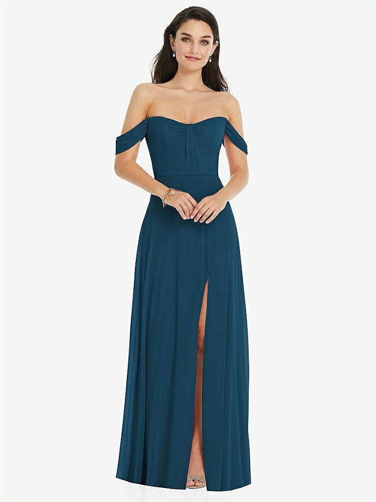 【STYLE: 3105】Off-the-Shoulder Draped Sleeve Maxi Dress with Front Slit【COLOR: Atlantic Blue】