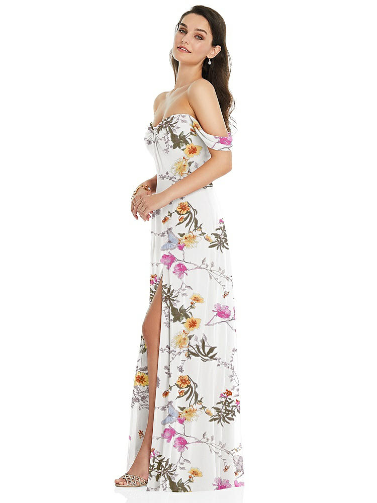 【NEW】【STYLE: 3105】オフショルダー ドレープ 袖 マキシ ドレス 前面 スリット【COLOR: Butterfly Botanica Ivory】【SIZE: 00-30W】