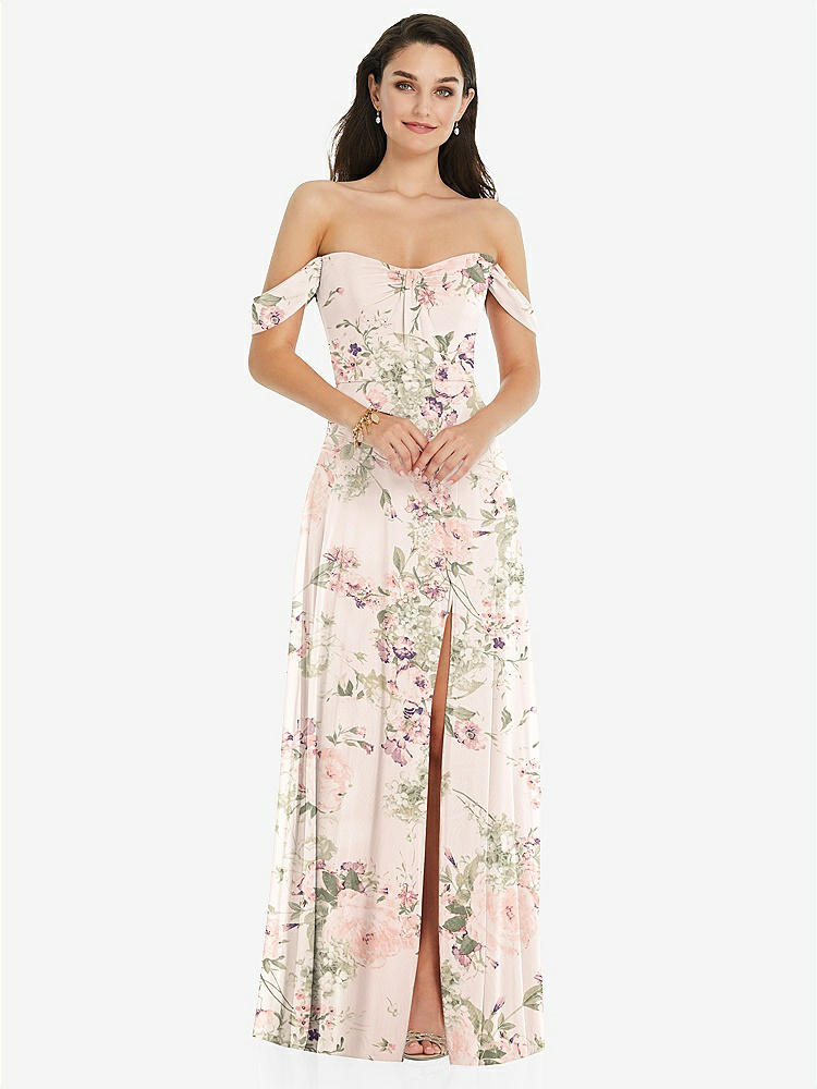 【STYLE: 3105】Off-the-Shoulder Draped Sleeve Maxi Dress with Front Slit【COLOR: Blush Garden】