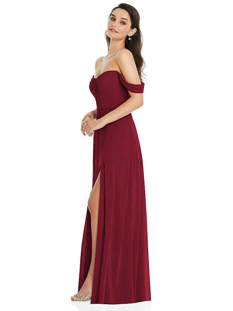 【NEW】【STYLE: 3105】オフショルダー ドレープ 袖 マキシ ドレス 前面 スリット【COLOR: Burgundy】【SIZE: 00-30W】