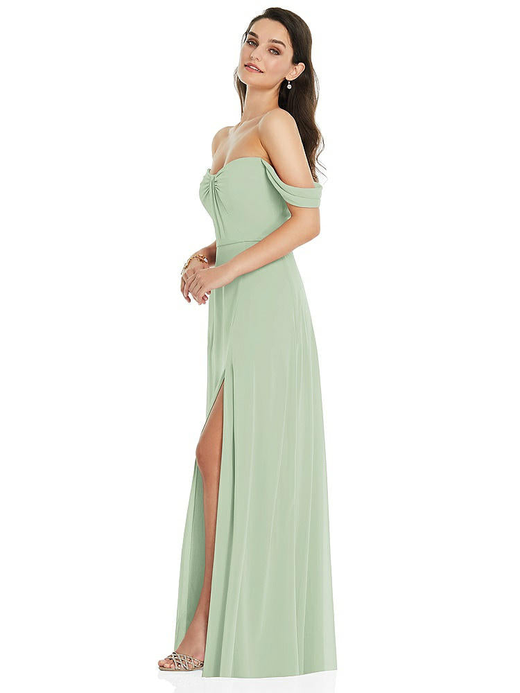 【NEW】【STYLE: 3105】オフショルダー ドレープ 袖 マキシ ドレス 前面 スリット【COLOR: Celadon】【SIZE: 00-30W】