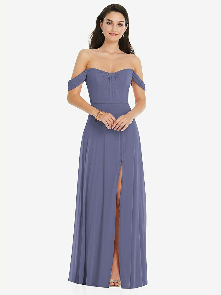 【STYLE: 3105】Off-the-Shoulder Draped Sleeve Maxi Dress with Front Slit【COLOR: French Blue】