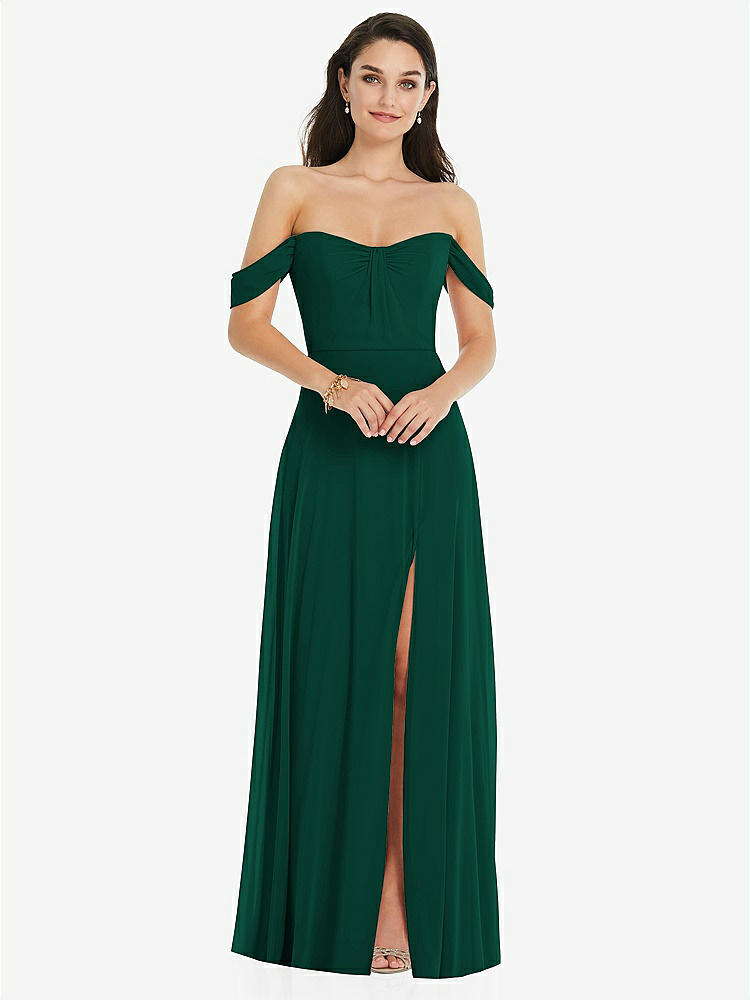 【STYLE: 3105】Off-the-Shoulder Draped Sleeve Maxi Dress with Front Slit【COLOR: Hunter Green】