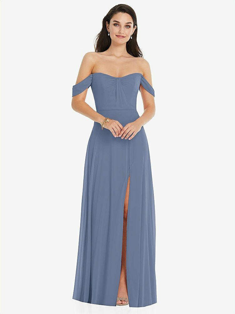 【STYLE: 3105】Off-the-Shoulder Draped Sleeve Maxi Dress with Front Slit【COLOR: Larkspur Blue】