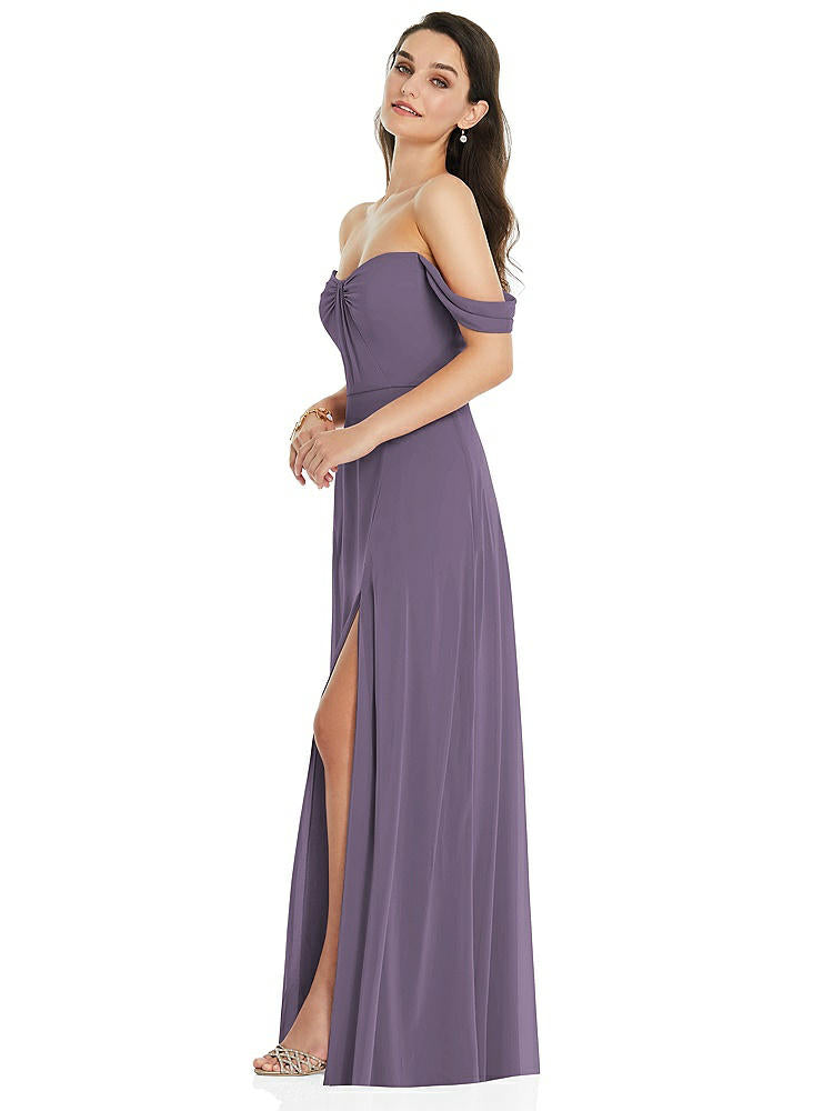 【NEW】【STYLE: 3105】オフショルダー ドレープ 袖 マキシ ドレス 前面 スリット【COLOR: Lavender】【SIZE: 00-30W】