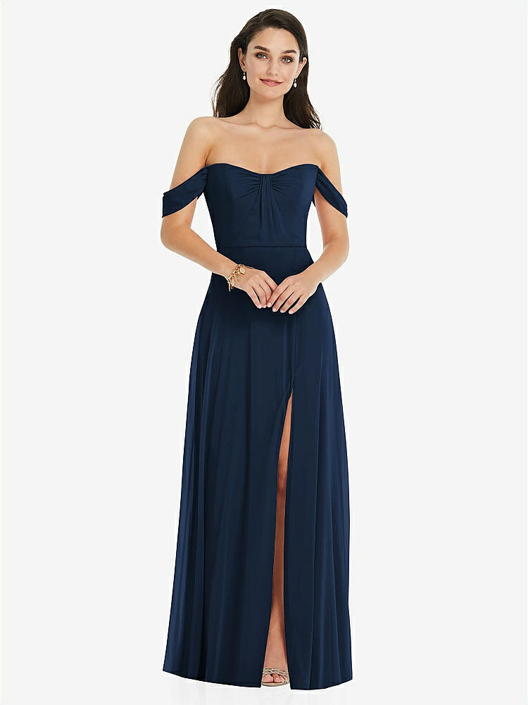 【STYLE: 3105】Off-the-Shoulder Draped Sleeve Maxi Dress with Front Slit【COLOR: Midnight Navy】