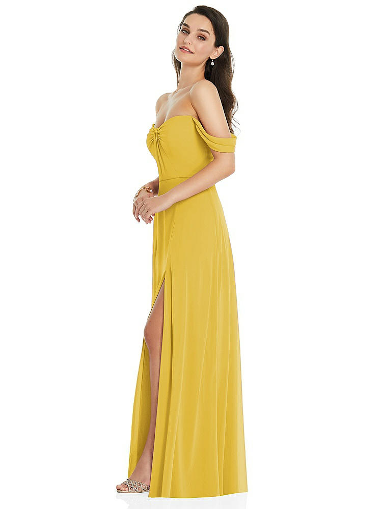 【NEW】【STYLE: 3105】オフショルダー ドレープ 袖 マキシ ドレス 前面 スリット【COLOR: Marigold】【SIZE: 00-30W】