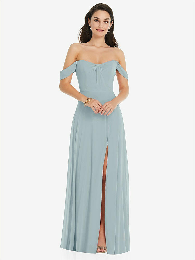 【STYLE: 3105】Off-the-Shoulder Draped Sleeve Maxi Dress with Front Slit【COLOR: Morning Sky】