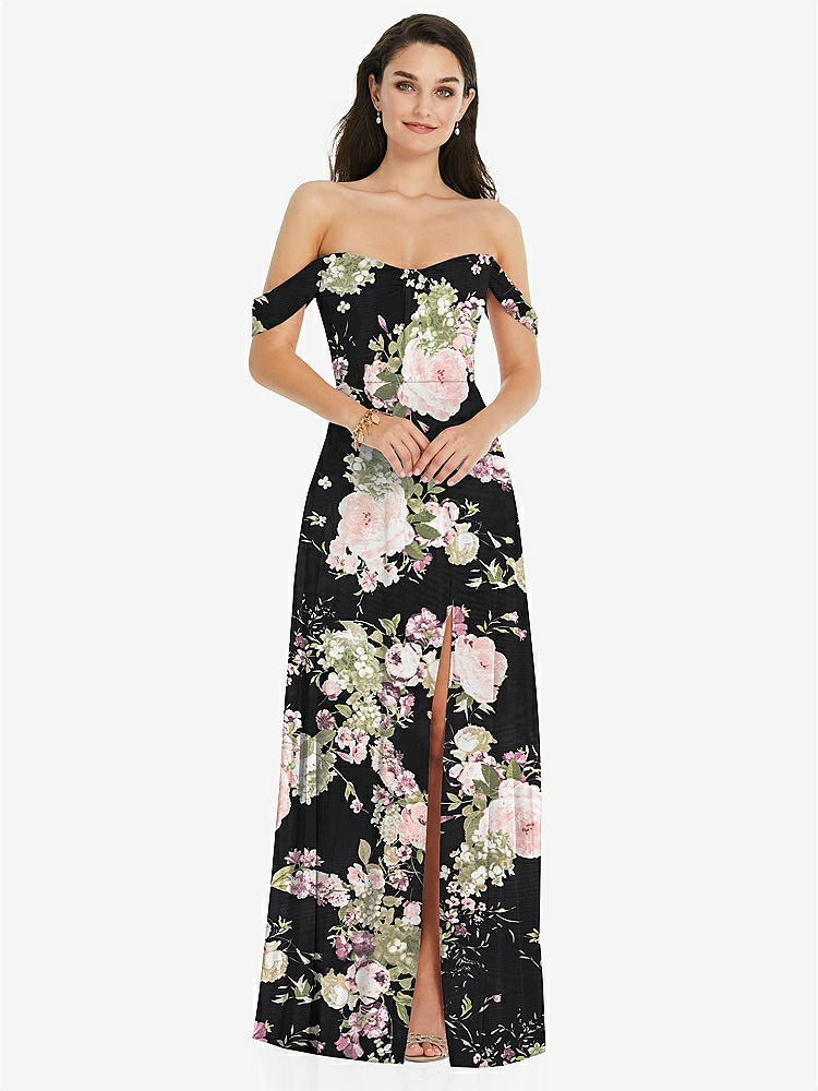 【STYLE: 3105】Off-the-Shoulder Draped Sleeve Maxi Dress with Front Slit【COLOR: Noir Garden】