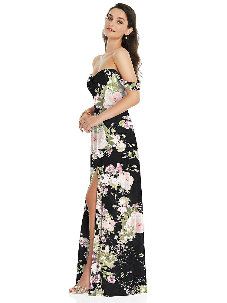 【STYLE: 3105】Off-the-Shoulder Draped Sleeve Maxi Dress with Front Slit【COLOR: Noir Garden】