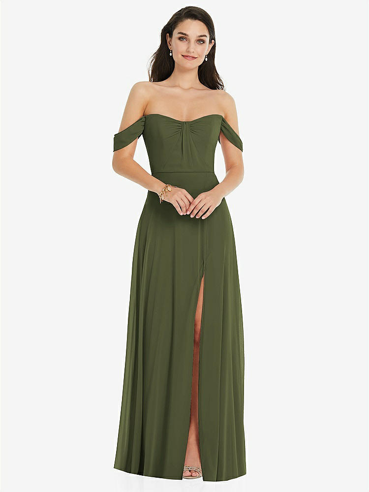 【STYLE: 3105】Off-the-Shoulder Draped Sleeve Maxi Dress with Front Slit【COLOR: Olive Green】