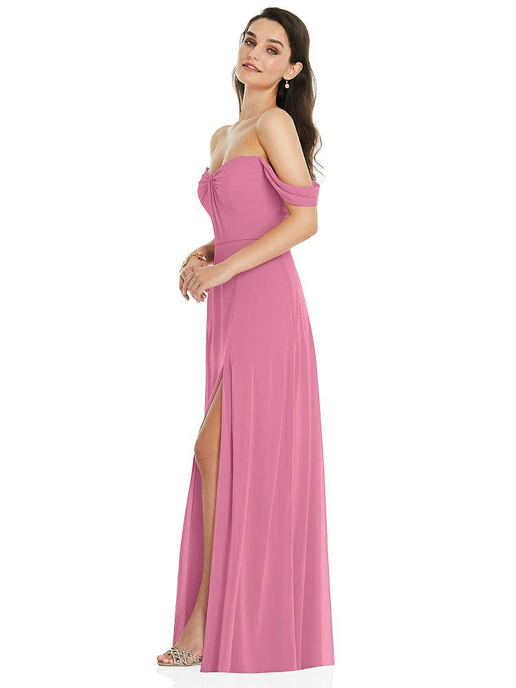 【NEW】【STYLE: 3105】オフショルダー ドレープ 袖 マキシ ドレス 前面 スリット【COLOR: Orchid Pink】【SIZE: 00-30W】