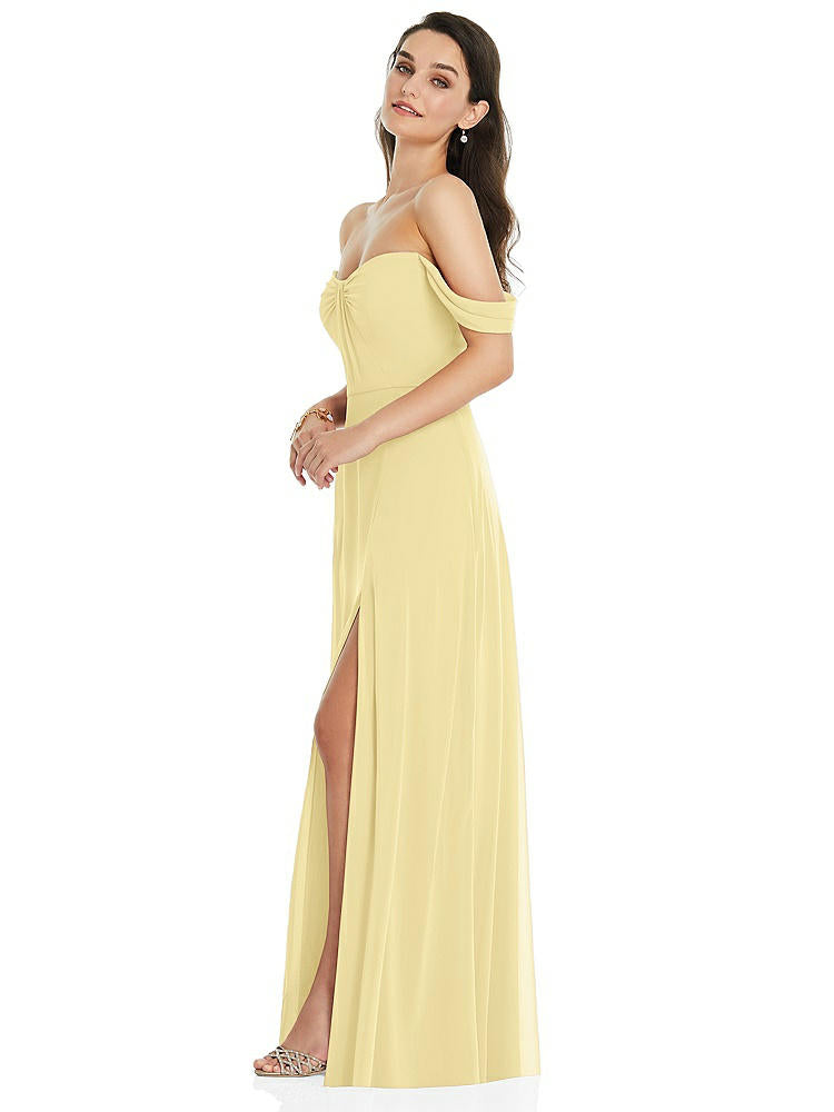 【NEW】【STYLE: 3105】オフショルダー ドレープ 袖 マキシ ドレス 前面 スリット【COLOR: Pale Yellow】【SIZE: 00-30W】