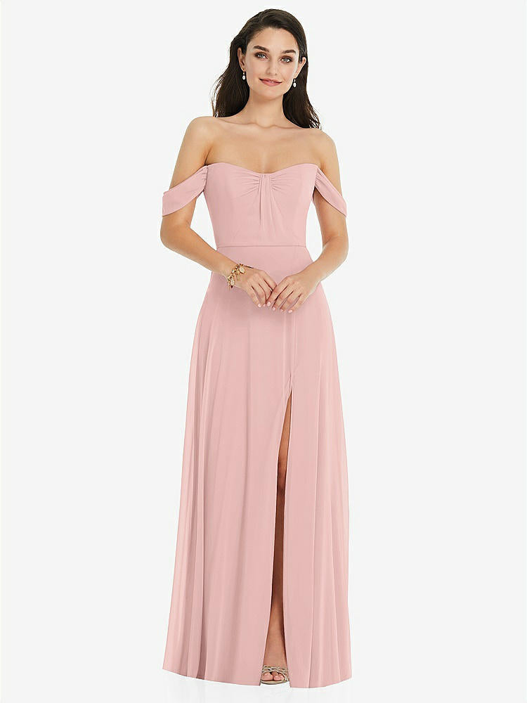 【STYLE: 3105】Off-the-Shoulder Draped Sleeve Maxi Dress with Front Slit【COLOR: Rose - PANTONE Rose Quartz】