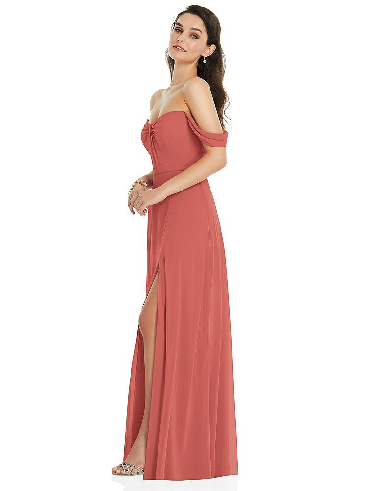 【NEW】【STYLE: 3105】オフショルダー ドレープ 袖 マキシ ドレス 前面 スリット【COLOR: Coral Pink】【SIZE: 00-30W】
