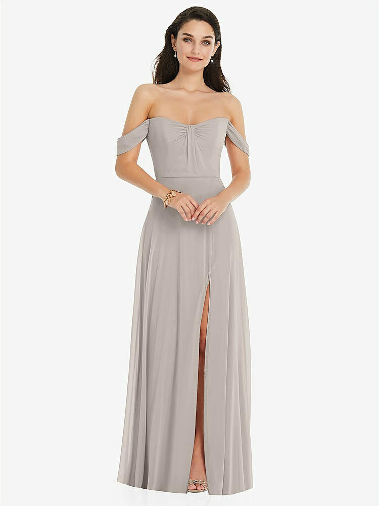 【NEW】【STYLE: 3105】オフショルダー ドレープ 袖 マキシ ドレス 前面 スリット【COLOR: Taupe】【SIZE: 00-30W】