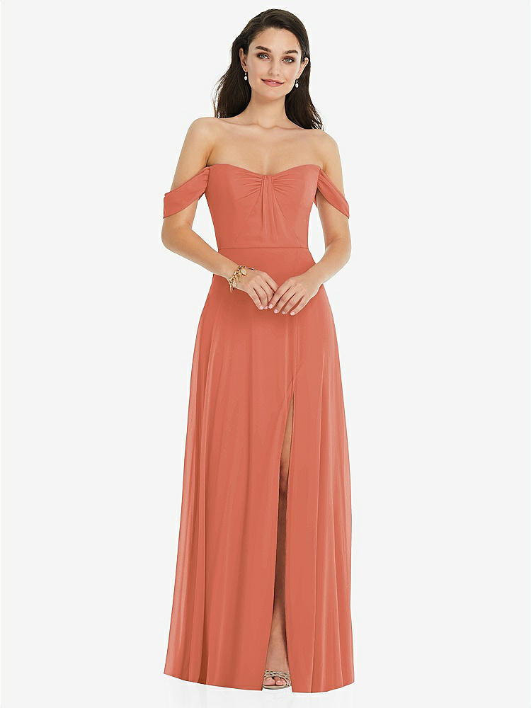 【STYLE: 3105】Off-the-Shoulder Draped Sleeve Maxi Dress with Front Slit【COLOR: Terracotta Copper】