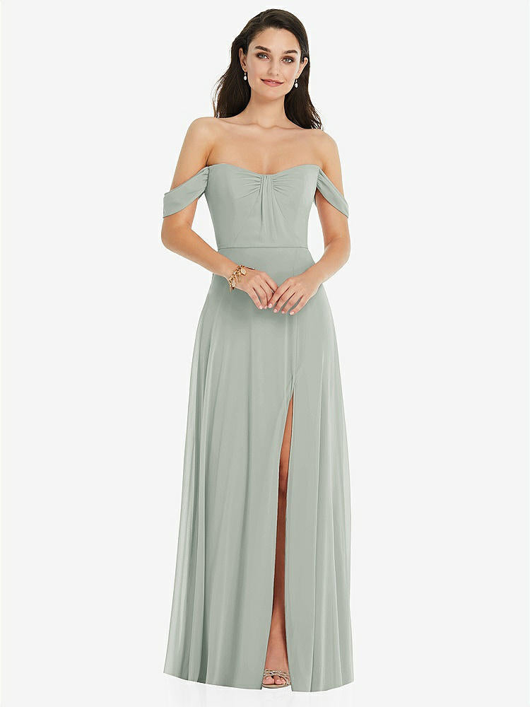 【STYLE: 3105】Off-the-Shoulder Draped Sleeve Maxi Dress with Front Slit【COLOR: Willow Green】