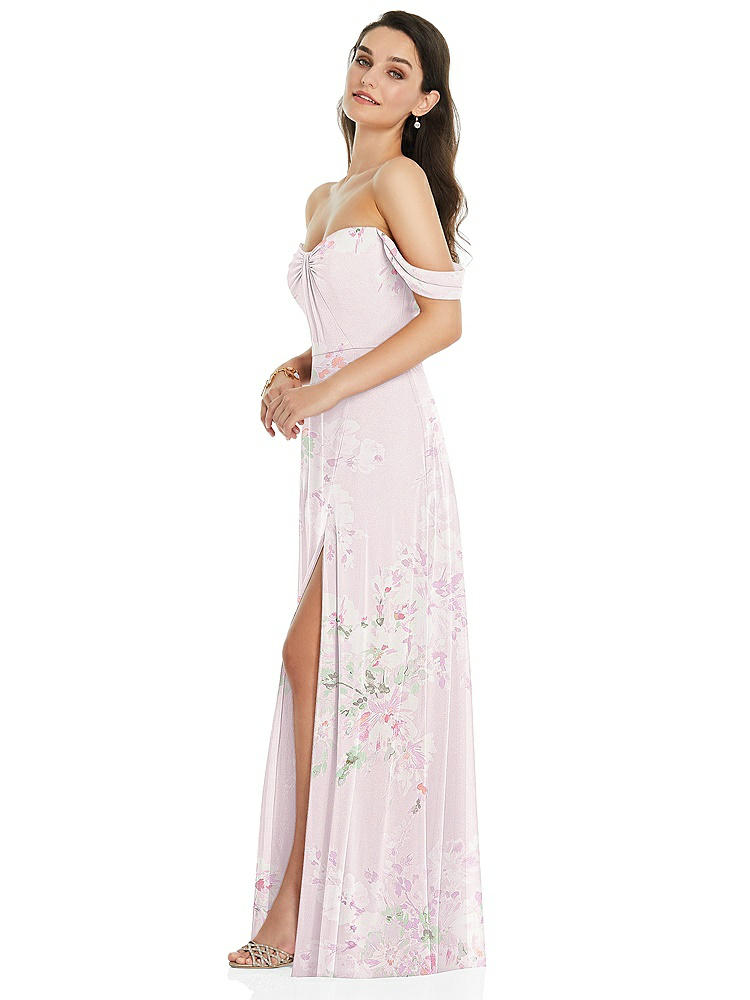 【NEW】【STYLE: 3105】オフショルダー ドレープ 袖 マキシ ドレス 前面 スリット【COLOR: Watercolor Print】【SIZE: 00-30W】