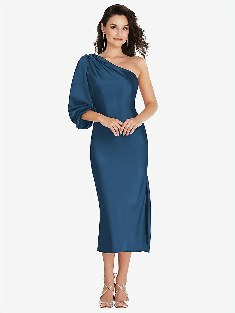 【STYLE: 8215】One-Shoulder Puff Sleeve Midi Bias Dress with Side Slit【COLOR: Dusk Blue】