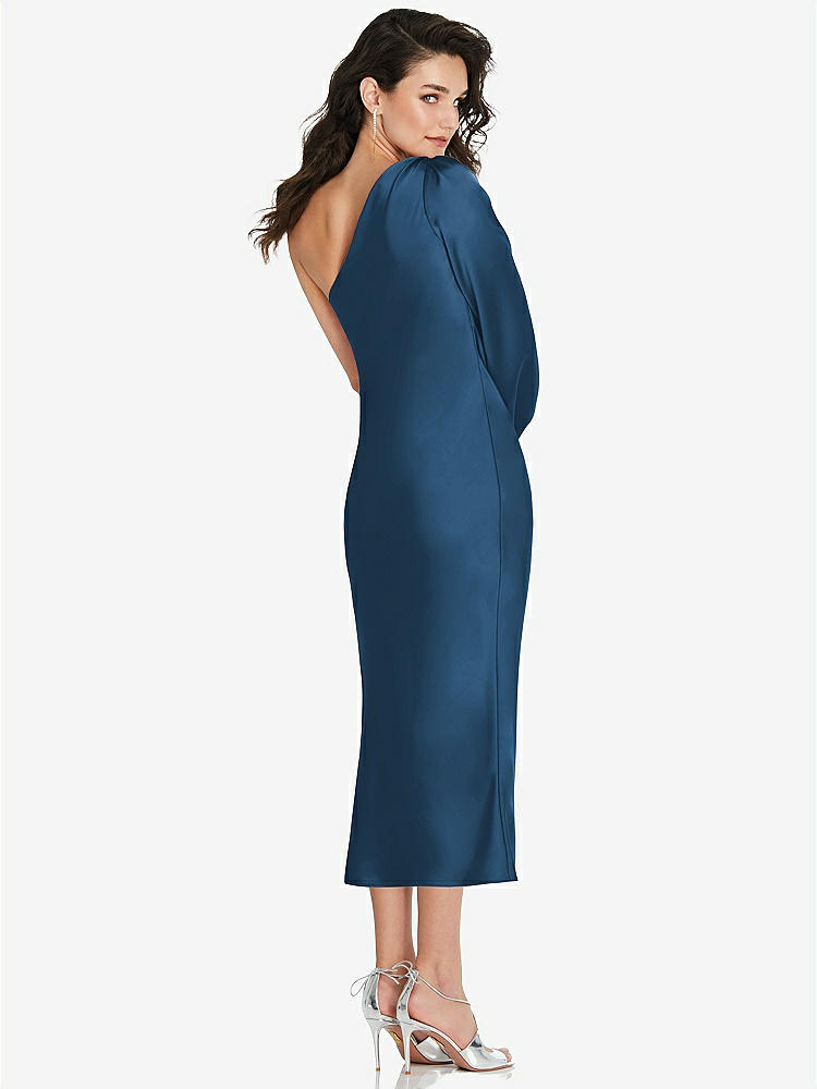 【STYLE: 8215】One-Shoulder Puff Sleeve Midi Bias Dress with Side Slit【COLOR: Dusk Blue】