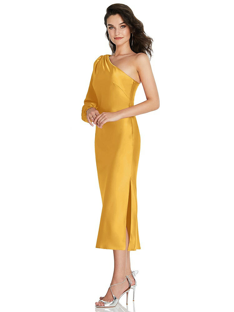 【NEW】【STYLE: 8215】ワンショルダー パフ スリーブ MIDI バイアス ドレス サイド スリット【COLOR: NYC Yellow】【SIZE: 00-30W】