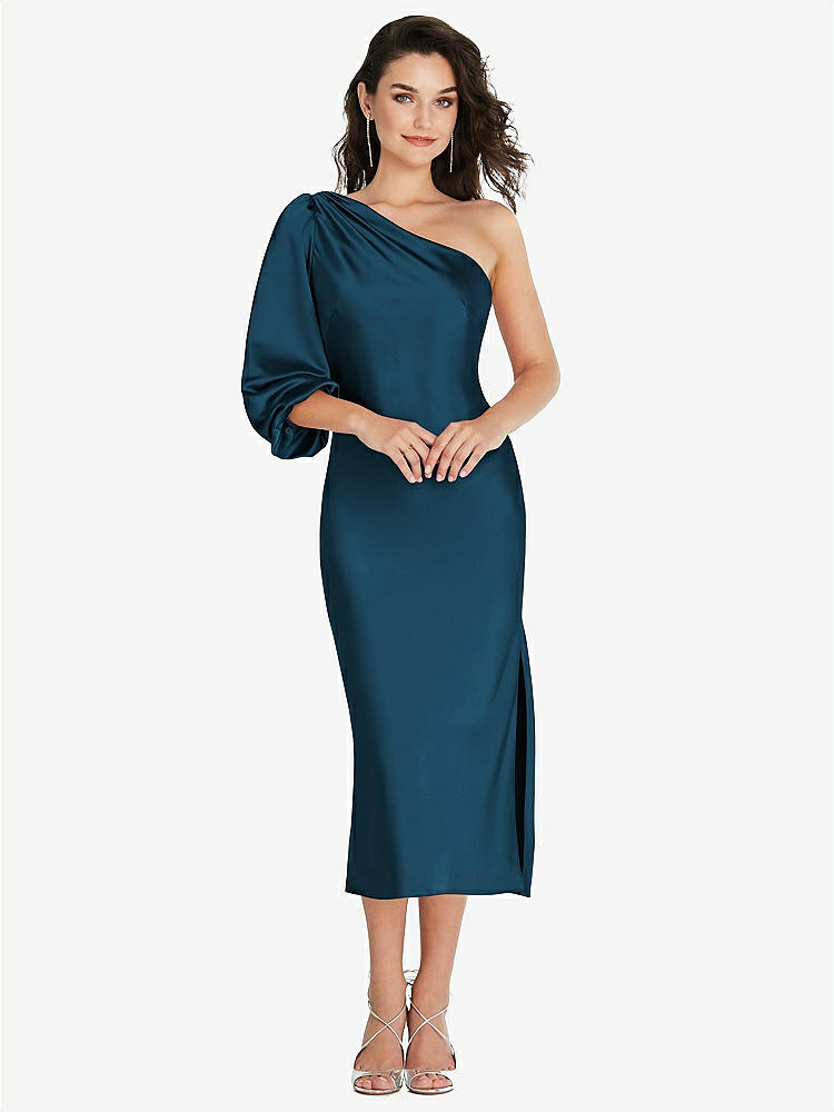 【STYLE: 8215】One-Shoulder Puff Sleeve Midi Bias Dress with Side Slit【COLOR: Atlantic Blue】