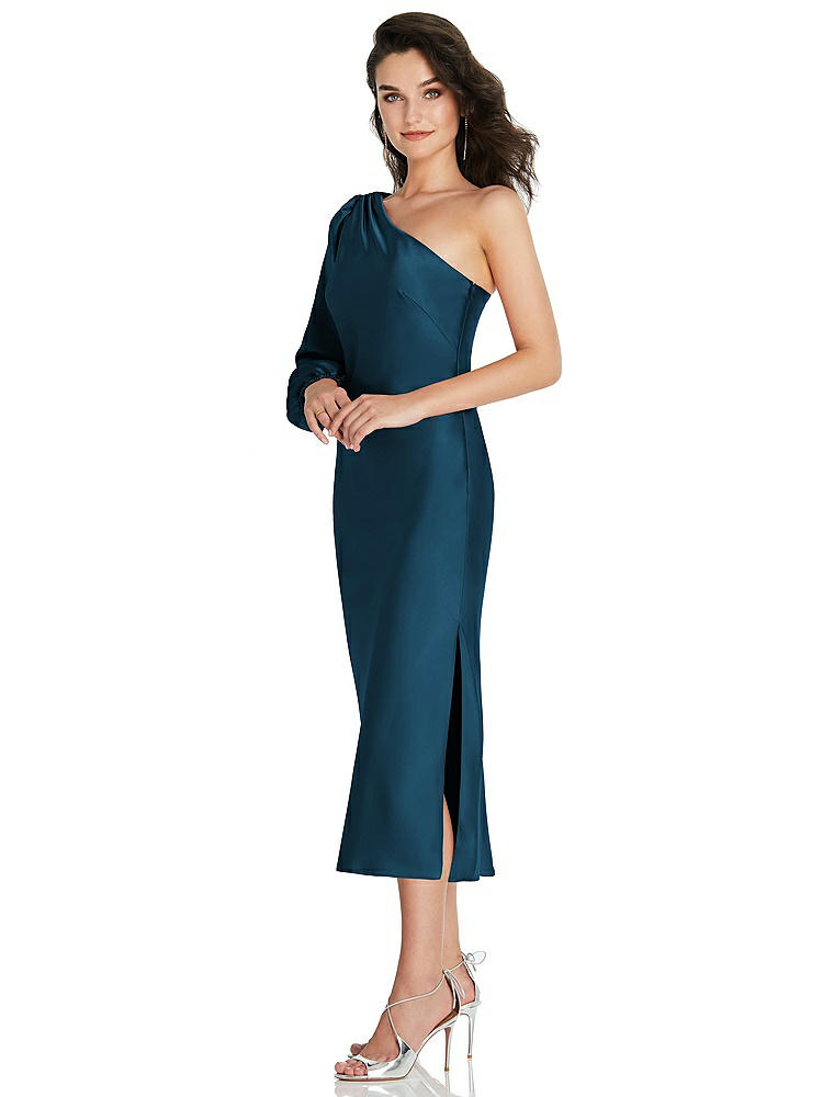 【STYLE: 8215】One-Shoulder Puff Sleeve Midi Bias Dress with Side Slit【COLOR: Atlantic Blue】