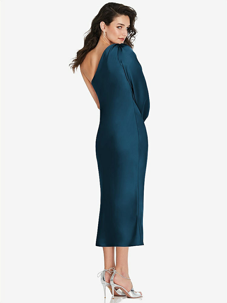 【STYLE: 8215】One-Shoulder Puff Sleeve Midi Bias Dress with Side Slit【COLOR: Atlantic Blue】