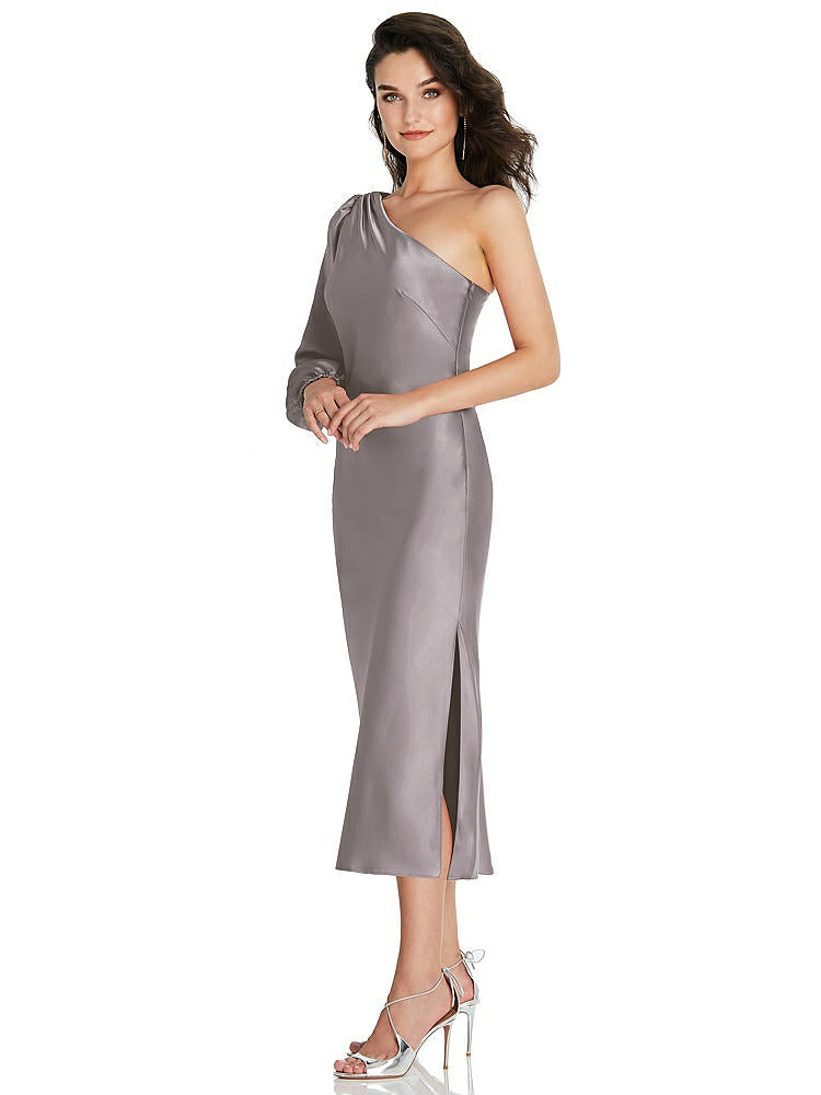 【NEW】【STYLE: 8215】ワンショルダー パフ スリーブ MIDI バイアス ドレス サイド スリット【COLOR: Cashmere Gray】【SIZE: 00-30W】