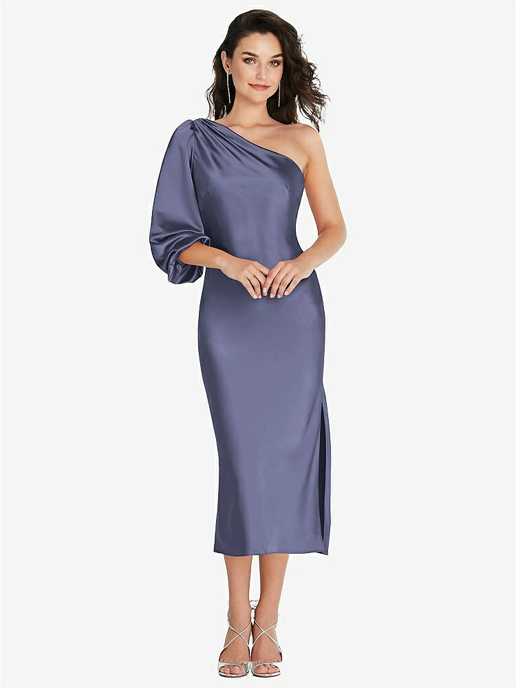 【STYLE: 8215】One-Shoulder Puff Sleeve Midi Bias Dress with Side Slit【COLOR: French Blue】