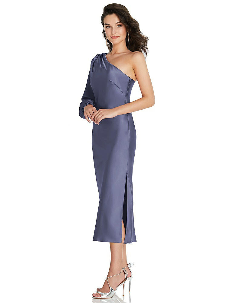 【STYLE: 8215】One-Shoulder Puff Sleeve Midi Bias Dress with Side Slit【COLOR: French Blue】