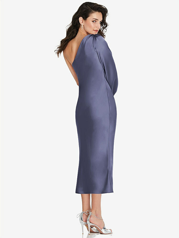 【STYLE: 8215】One-Shoulder Puff Sleeve Midi Bias Dress with Side Slit【COLOR: French Blue】