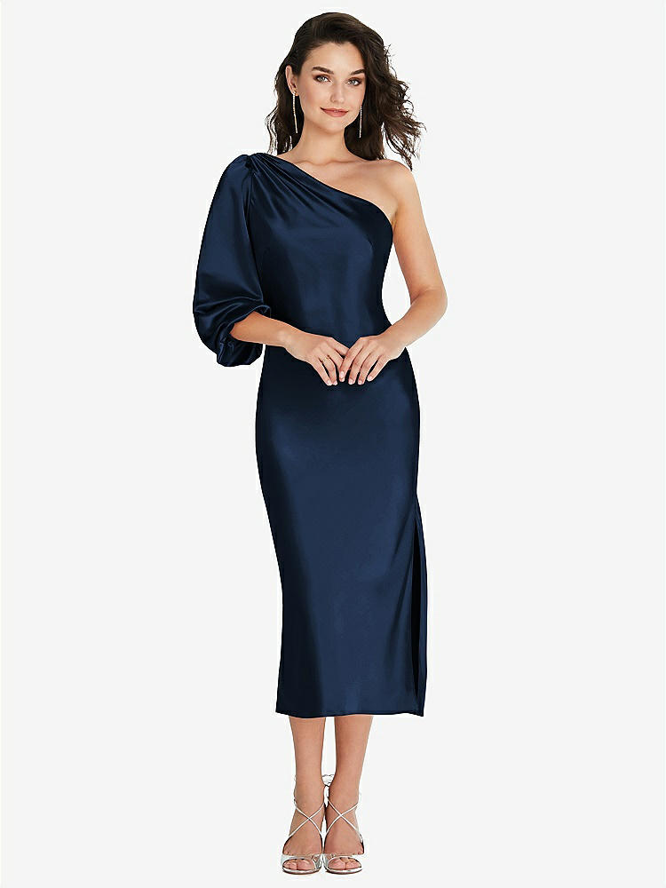 【STYLE: 8215】One-Shoulder Puff Sleeve Midi Bias Dress with Side Slit【COLOR: Midnight Navy】