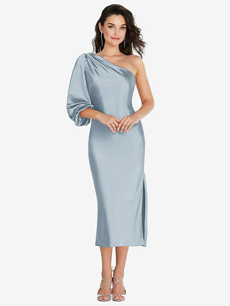 【STYLE: 8215】One-Shoulder Puff Sleeve Midi Bias Dress with Side Slit【COLOR: Mist】