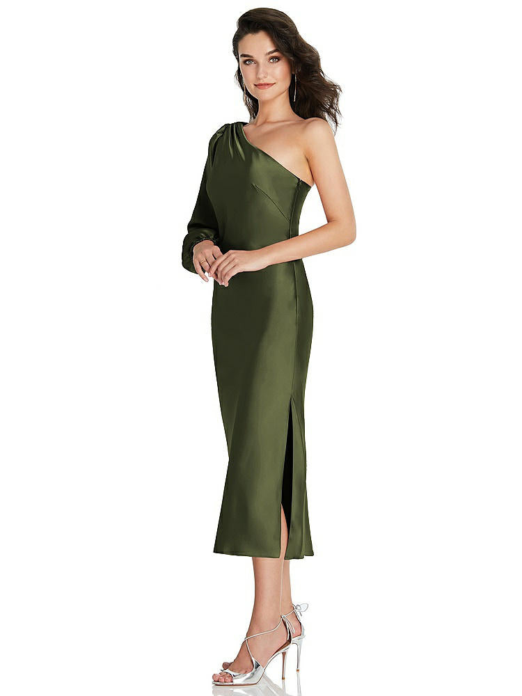 【NEW】【STYLE: 8215】ワンショルダー パフ スリーブ MIDI バイアス ドレス サイド スリット【COLOR: Olive Green】【SIZE: 00-30W】