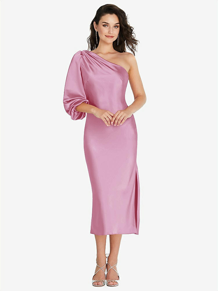 【STYLE: 8215】One-Shoulder Puff Sleeve Midi Bias Dress with Side Slit【COLOR: Powder Pink】