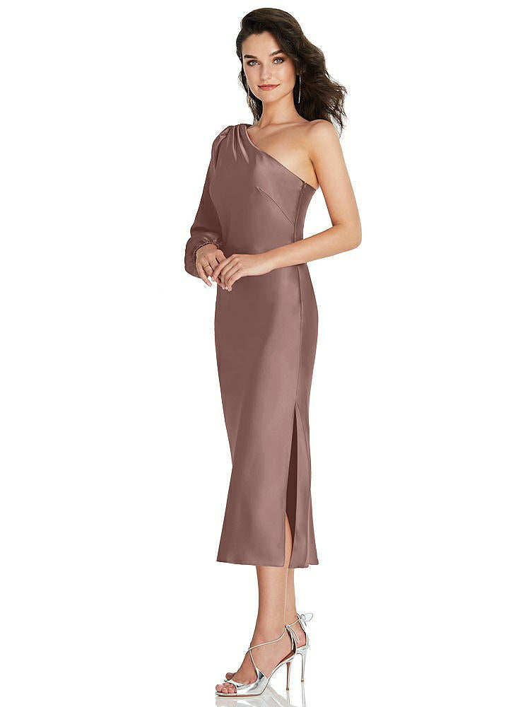 【NEW】【STYLE: 8215】ワンショルダー パフ スリーブ MIDI バイアス ドレス サイド スリット【COLOR: Sienna】【SIZE: 00-30W】