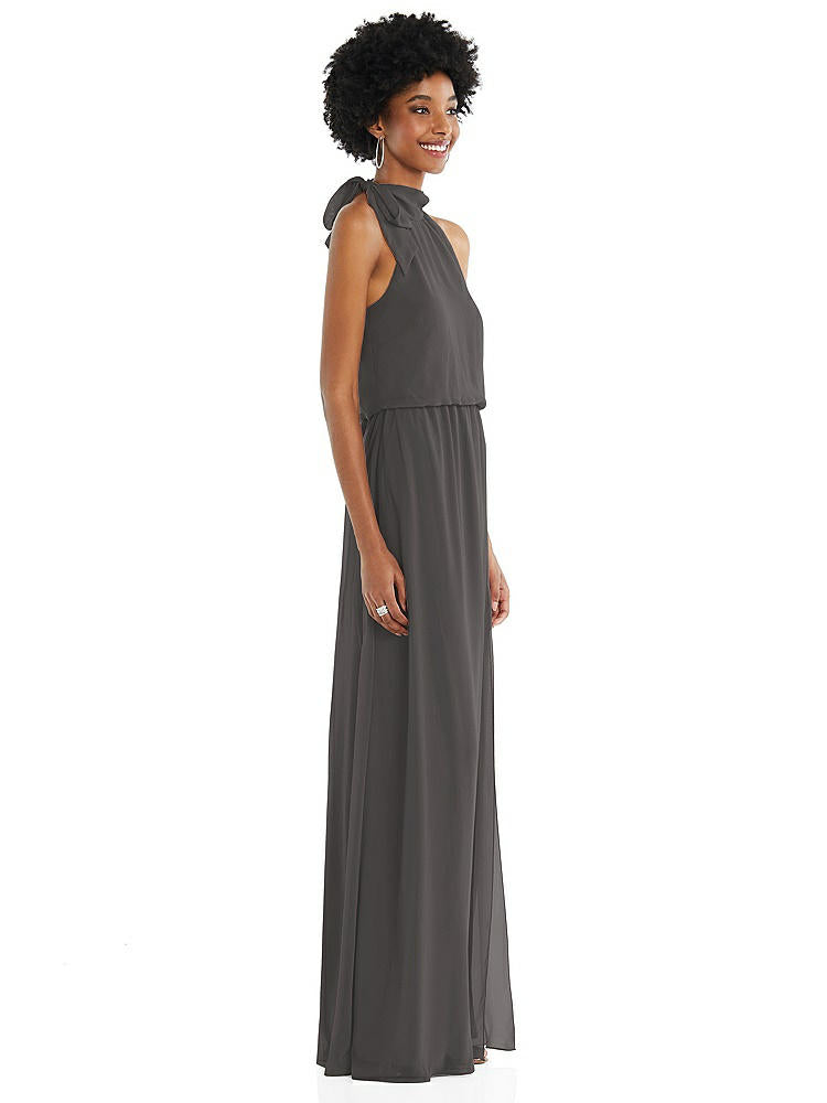 【STYLE: 1562】Scarf Tie High Neck Blouson Bodice Maxi Dress with Front Slit【COLOR: Caviar Gray】