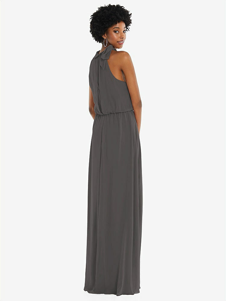 【STYLE: 1562】Scarf Tie High Neck Blouson Bodice Maxi Dress with Front Slit【COLOR: Caviar Gray】