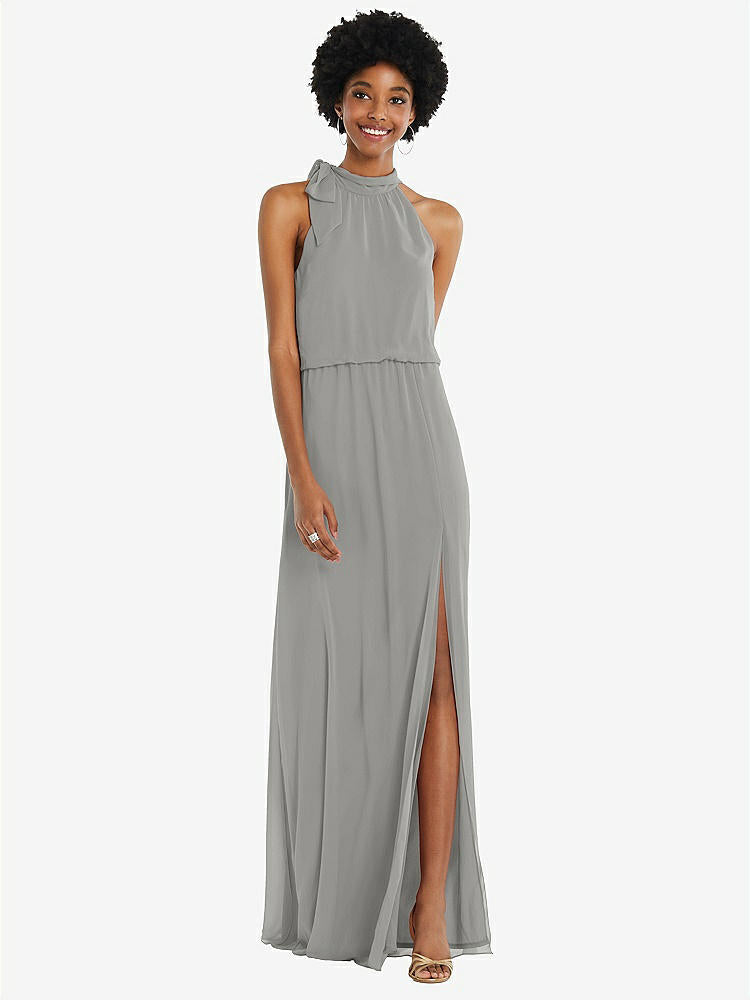 【STYLE: 1562】Scarf Tie High Neck Blouson Bodice Maxi Dress with Front Slit【COLOR: Chelsea Gray】