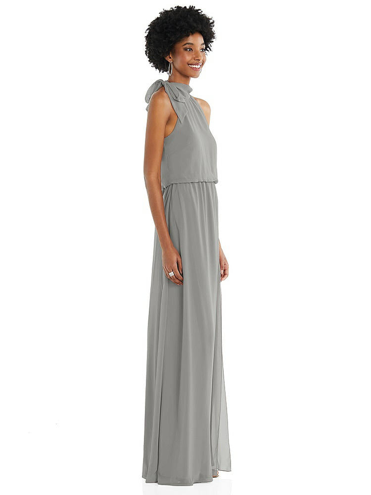 【STYLE: 1562】Scarf Tie High Neck Blouson Bodice Maxi Dress with Front Slit【COLOR: Chelsea Gray】