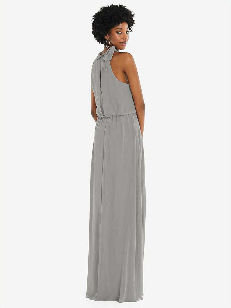 【STYLE: 1562】Scarf Tie High Neck Blouson Bodice Maxi Dress with Front Slit【COLOR: Chelsea Gray】
