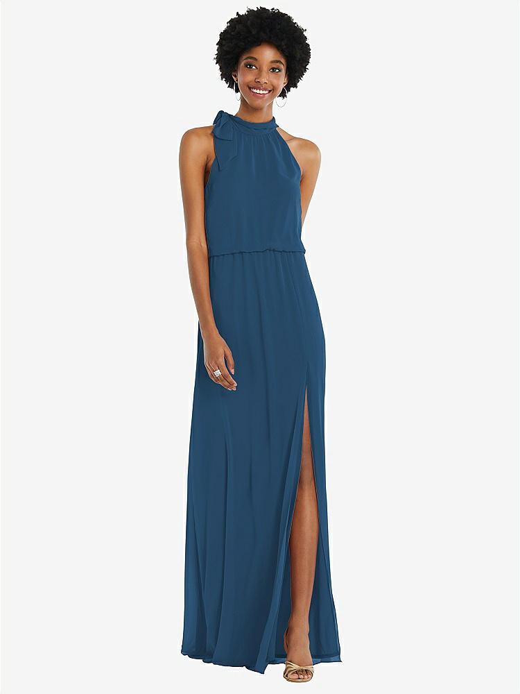 【STYLE: 1562】Scarf Tie High Neck Blouson Bodice Maxi Dress with Front Slit【COLOR: Dusk Blue】