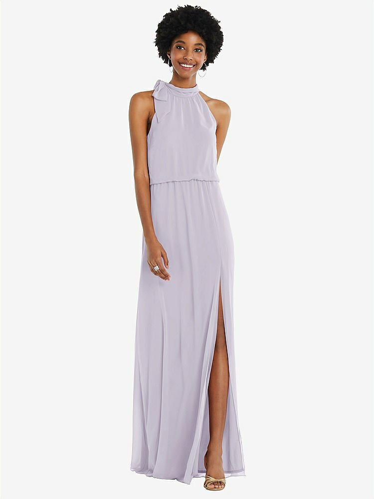【STYLE: 1562】Scarf Tie High Neck Blouson Bodice Maxi Dress with Front Slit【COLOR: Moondance】