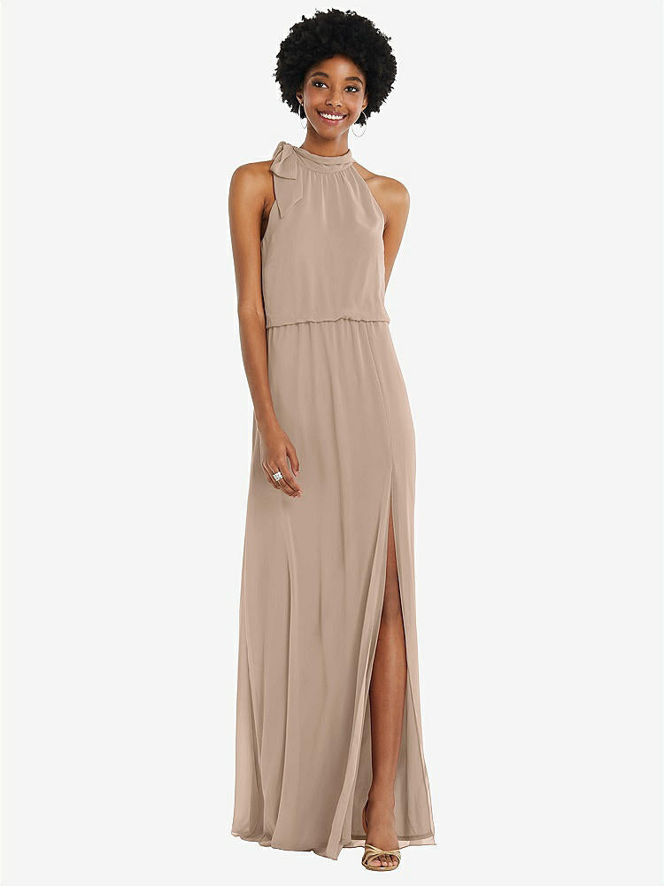 【STYLE: 1562】Scarf Tie High Neck Blouson Bodice Maxi Dress with Front Slit【COLOR: Topaz】